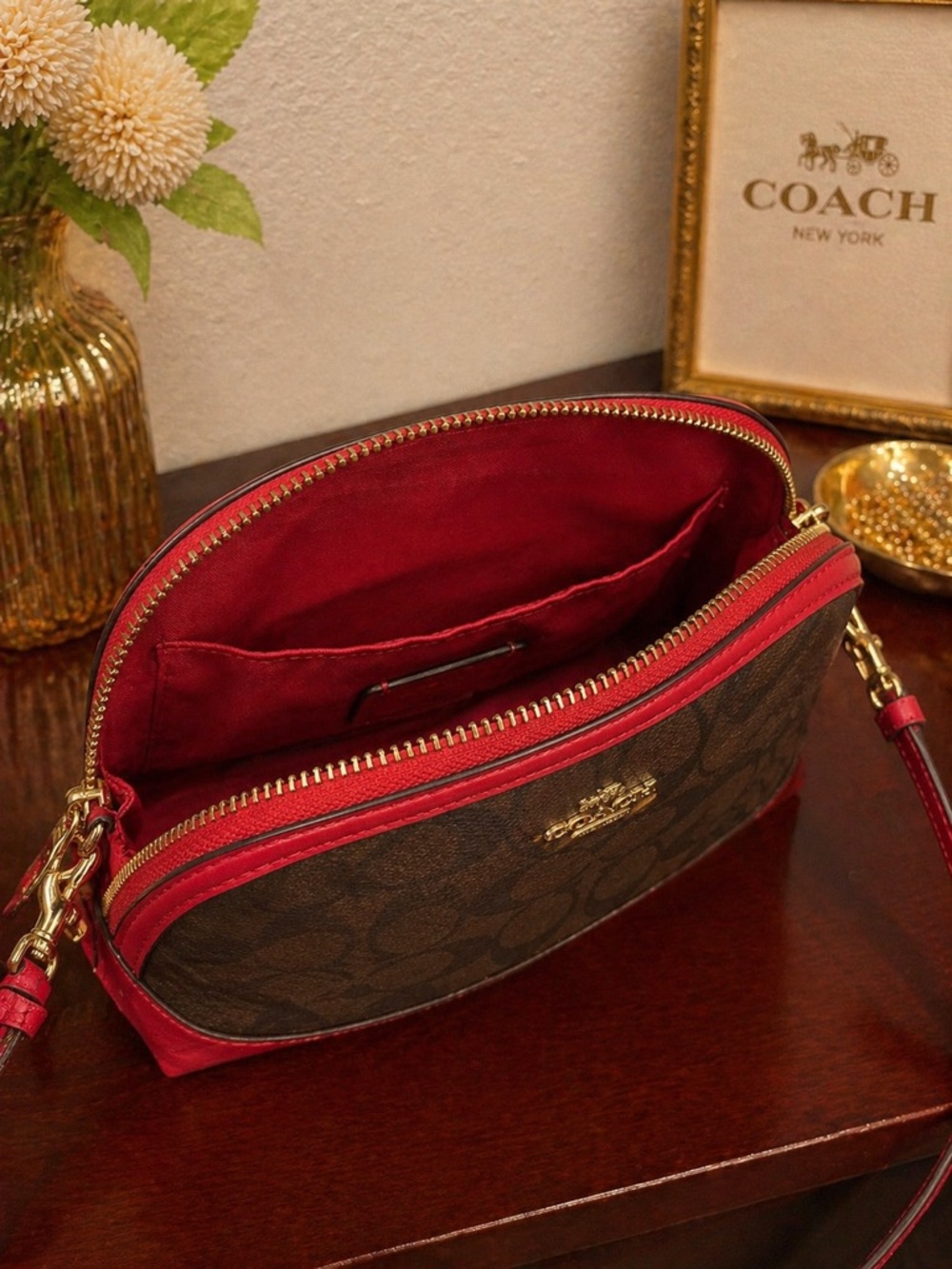 Coach Dome Crossbody in Signature Brown Coated Canvas & True Red Leather Trim - Picture 8 of 11